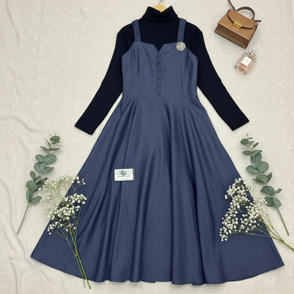 Elegant Denim Maxi with High Neck Detail