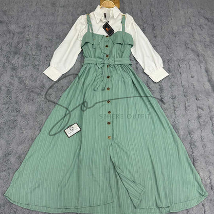 Elegant pinstriped overall dress with white shirt - full front view of SP-28 two-piece set for women