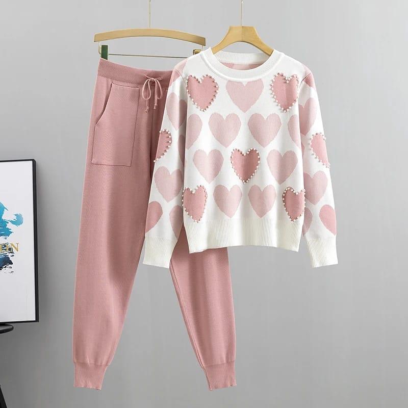 Heart Printed Pearls Work Premium Quality Winter 2-Pcs Tracksuit For Her. WWTS-10