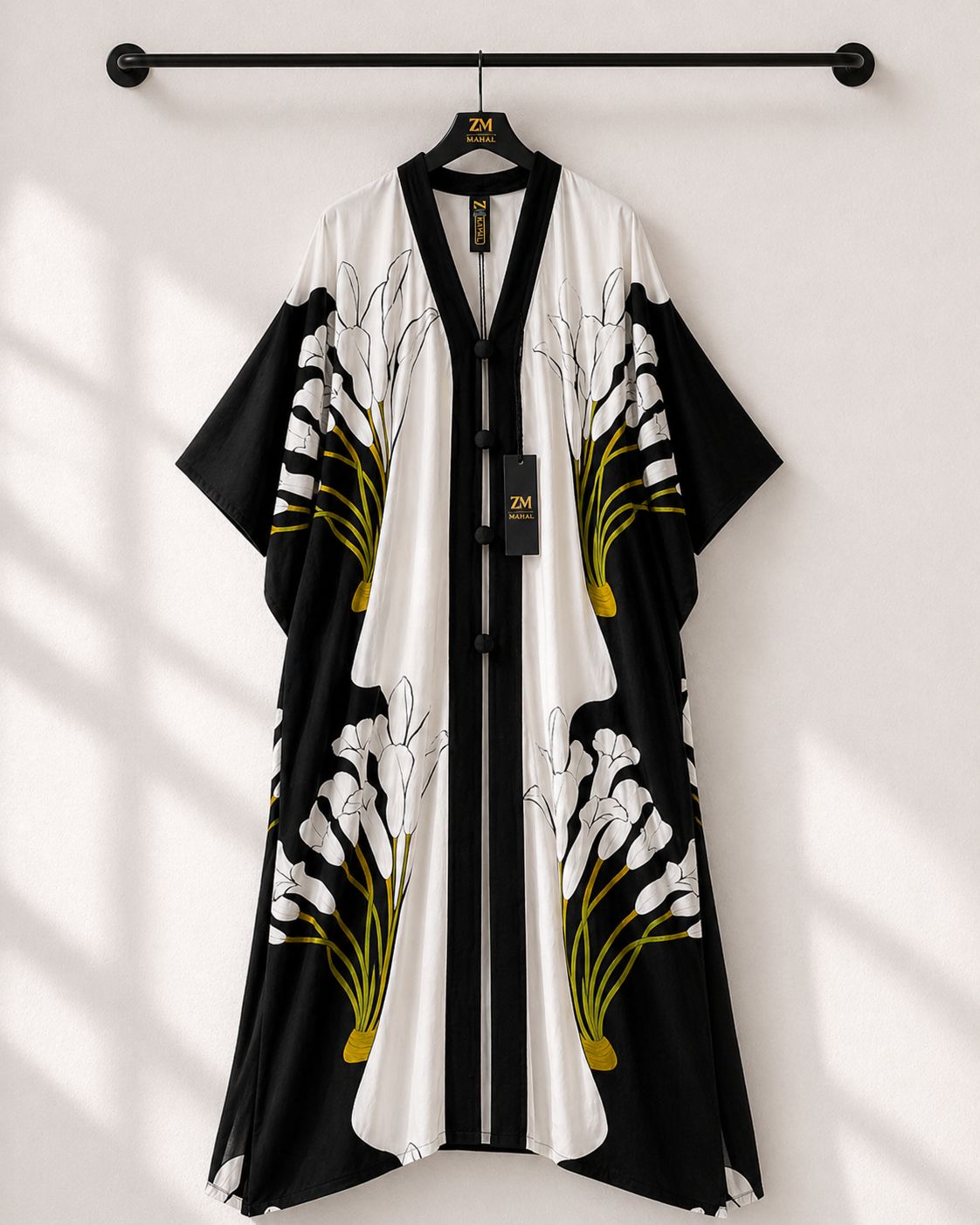 Black & White Floral Kaftan Abaya for Women – Elegant Maxi Modest Dress