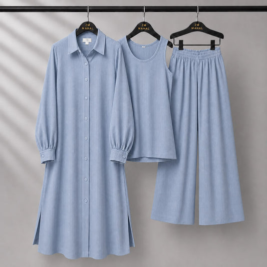 Modest Suit Long Top, Inner & Wide-Leg Pants 3-Piece | ZM-023