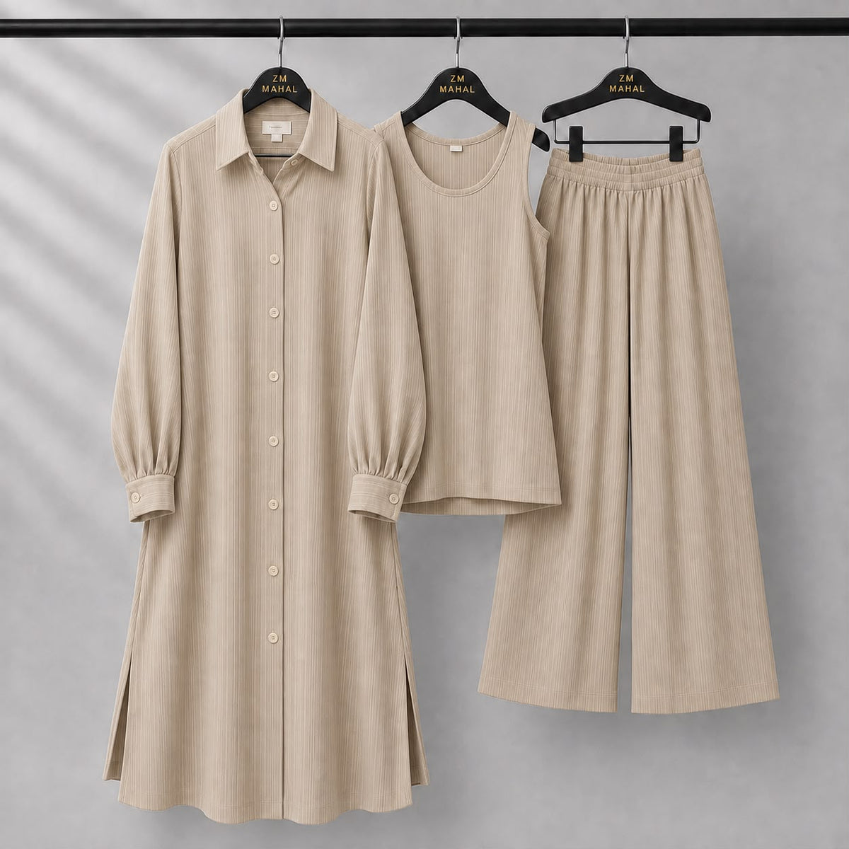 Modest Suit Long Top, Inner & Wide-Leg Pants 3-Piece | ZM-023