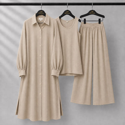 Modest Suit Long Top, Inner & Wide-Leg Pants 3-Piece | ZM-023