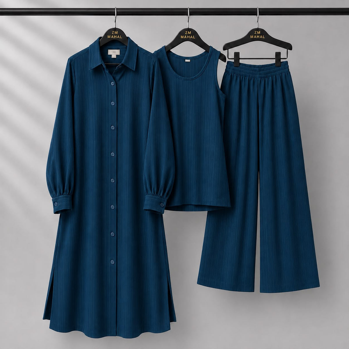 Modest Suit Long Top, Inner & Wide-Leg Pants 3-Piece | ZM-023