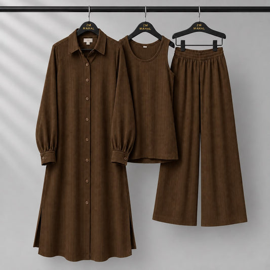 Modest Suit Long Top, Inner & Wide-Leg Pants 3-Piece | ZM-023