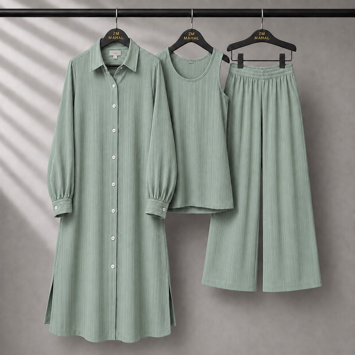 Modest Suit Long Top, Inner & Wide-Leg Pants 3-Piece | ZM-023