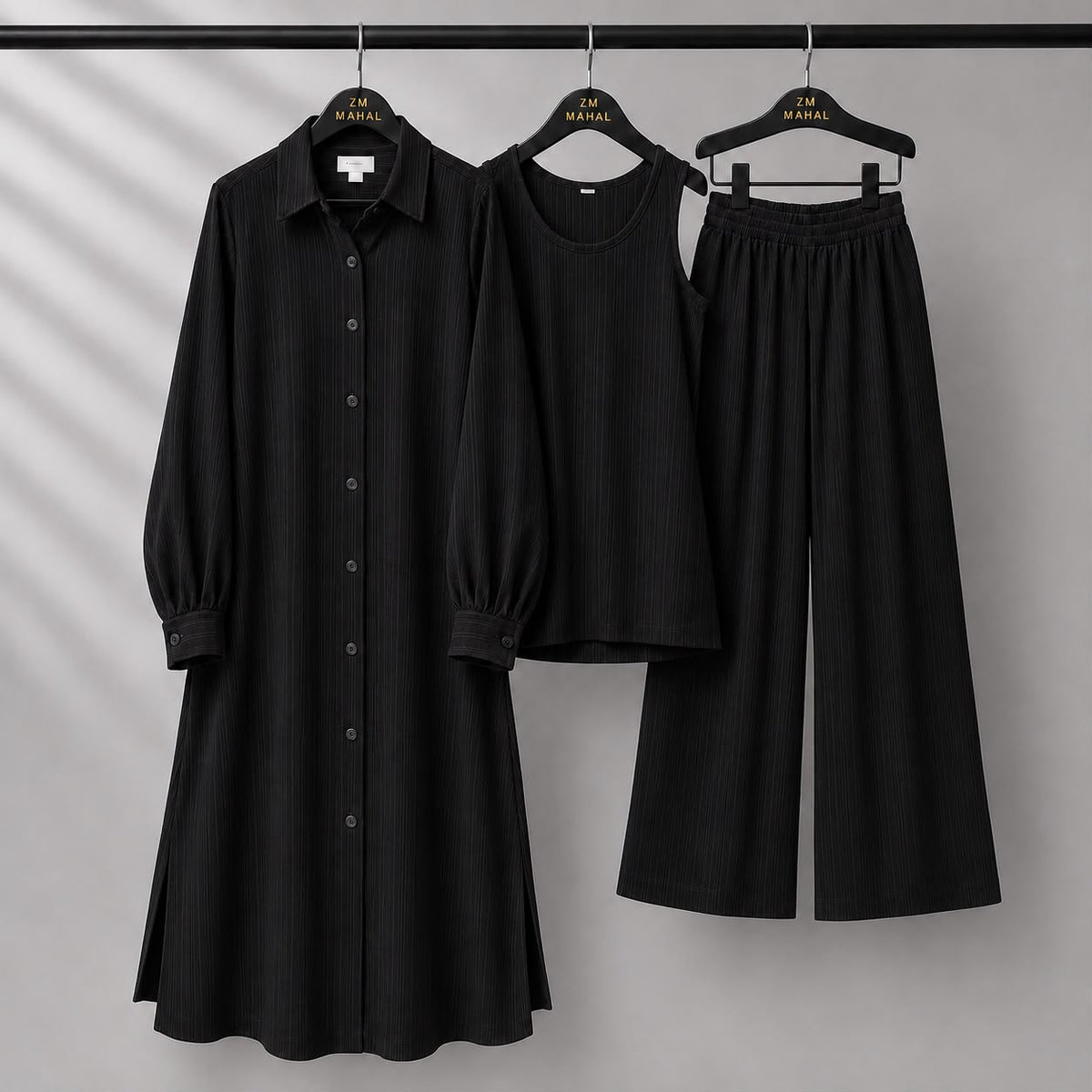 Modest Suit Long Top, Inner & Wide-Leg Pants 3-Piece | ZM-023