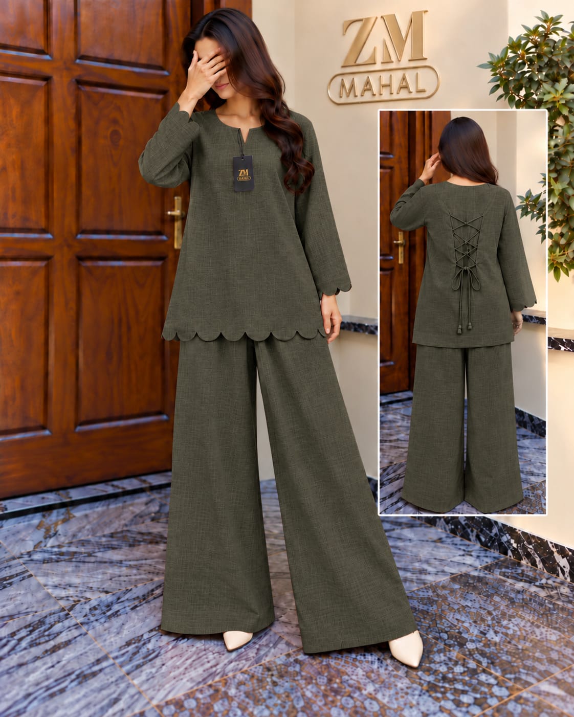 Zayra Scallop Lace-Up Co-Ord Set – 2 Piece