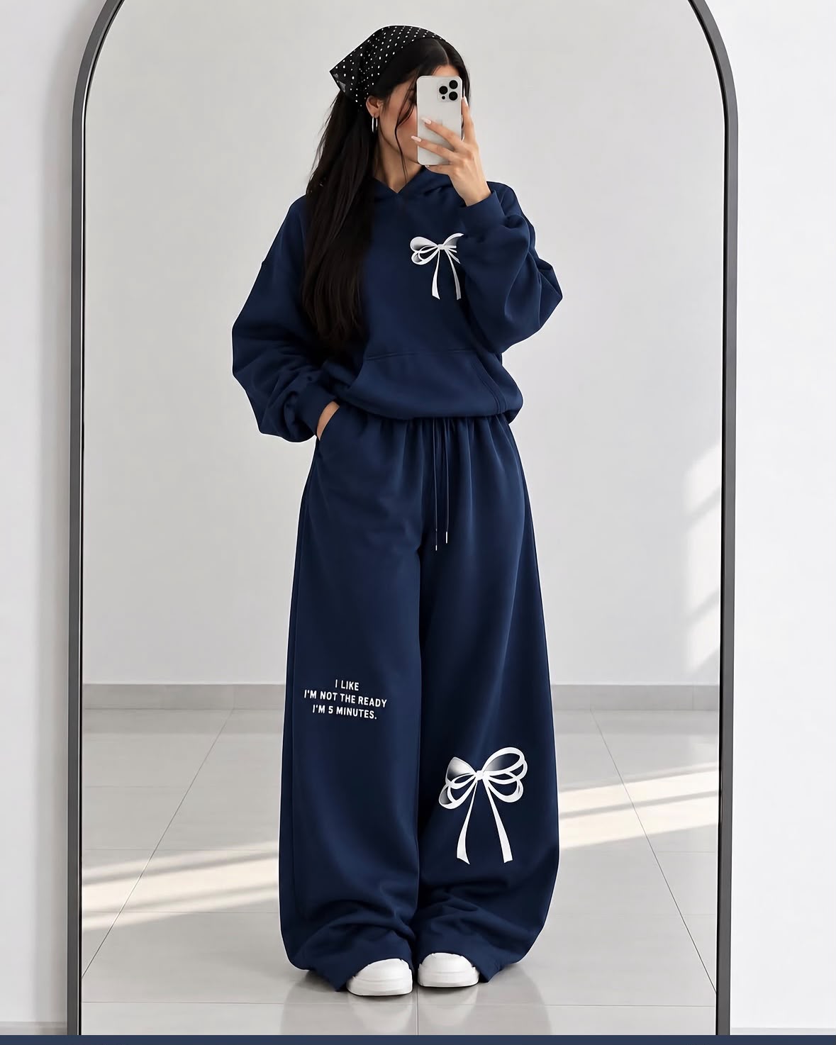 Turkish Style Bow Fleece Hoodie & Wide Leg Co-Ord Set - Navy Blue | SphereOutfit