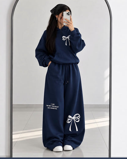 Turkish Style Bow Fleece Hoodie & Wide Leg Co-Ord Set - Navy Blue | SphereOutfit