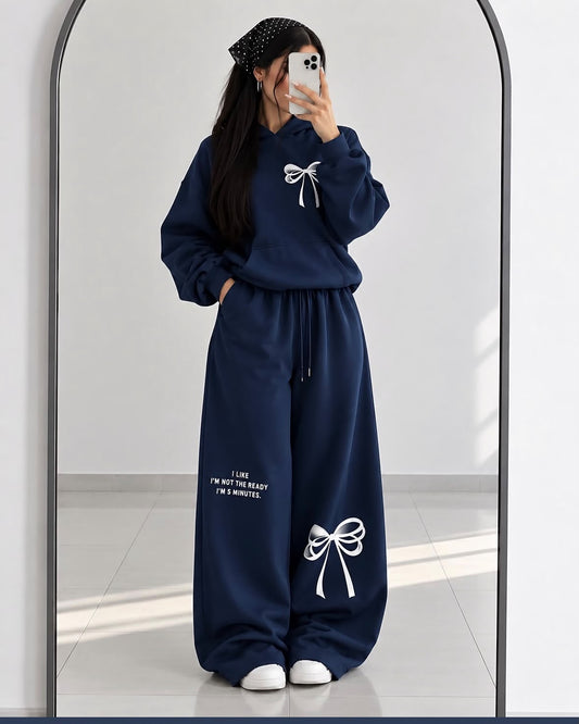 Turkish Style Bow Fleece Hoodie & Wide Leg Co-Ord Set - Navy Blue | SphereOutfit