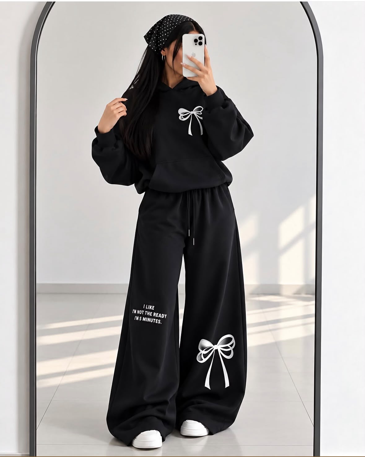 Turkish Style Bow Fleece Hoodie & Wide Leg Co-Ord Set - Navy Blue | SphereOutfit