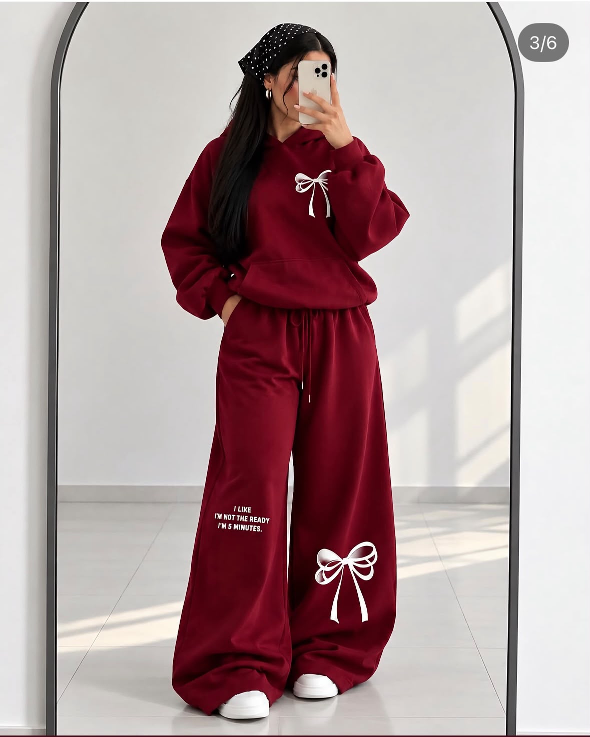Turkish Style Bow Fleece Hoodie & Wide Leg Co-Ord Set - Maroon | SphereOutfit