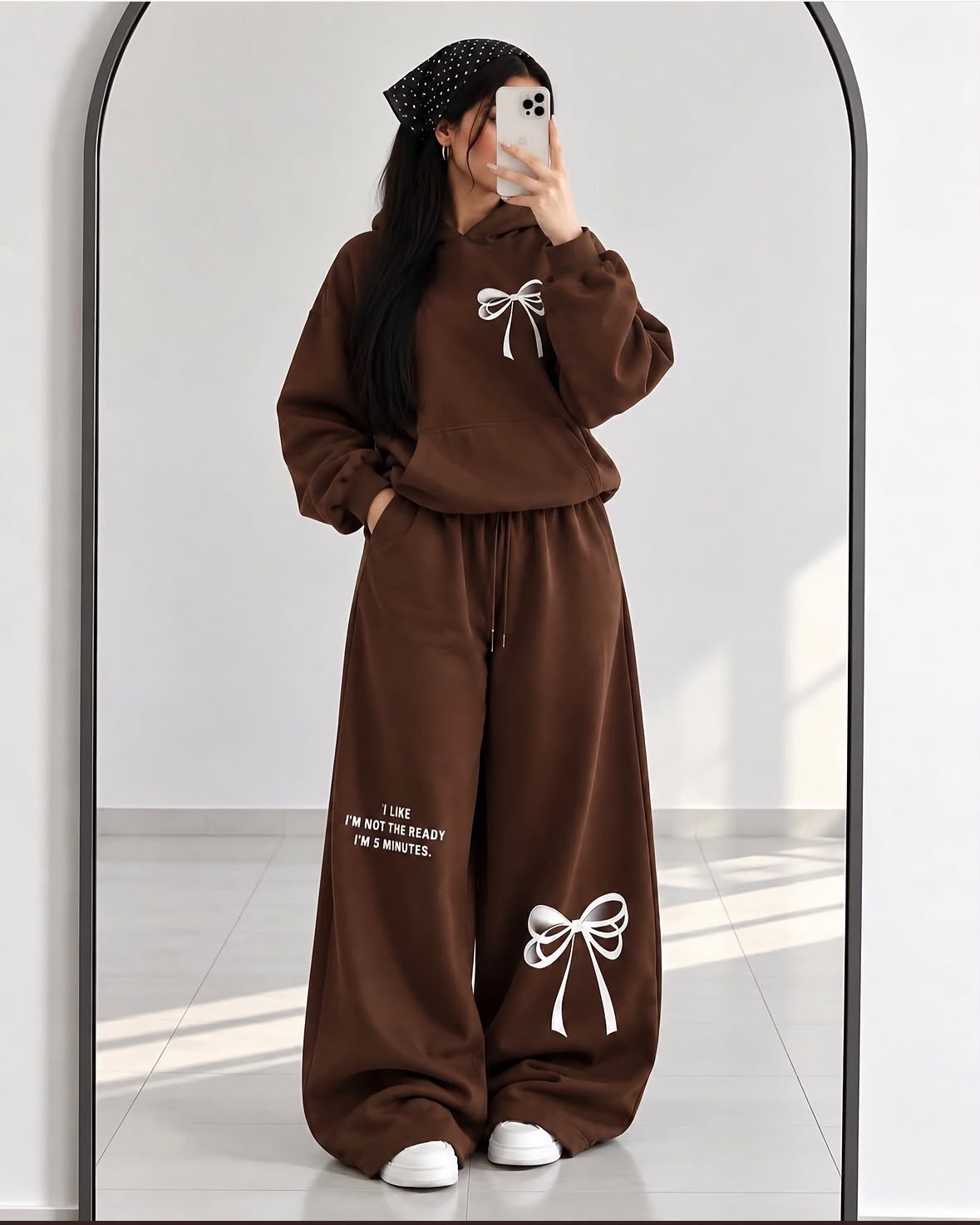 Turkish Style Bow Fleece Hoodie & Wide Leg Co-Ord Set - Navy Blue | SphereOutfit