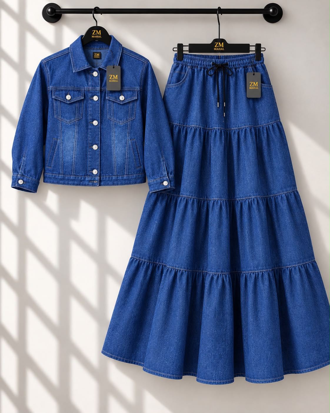 Dark Denim denim jacket and tiered maxi skirt two piece set ZM-040 - SphereOutfit