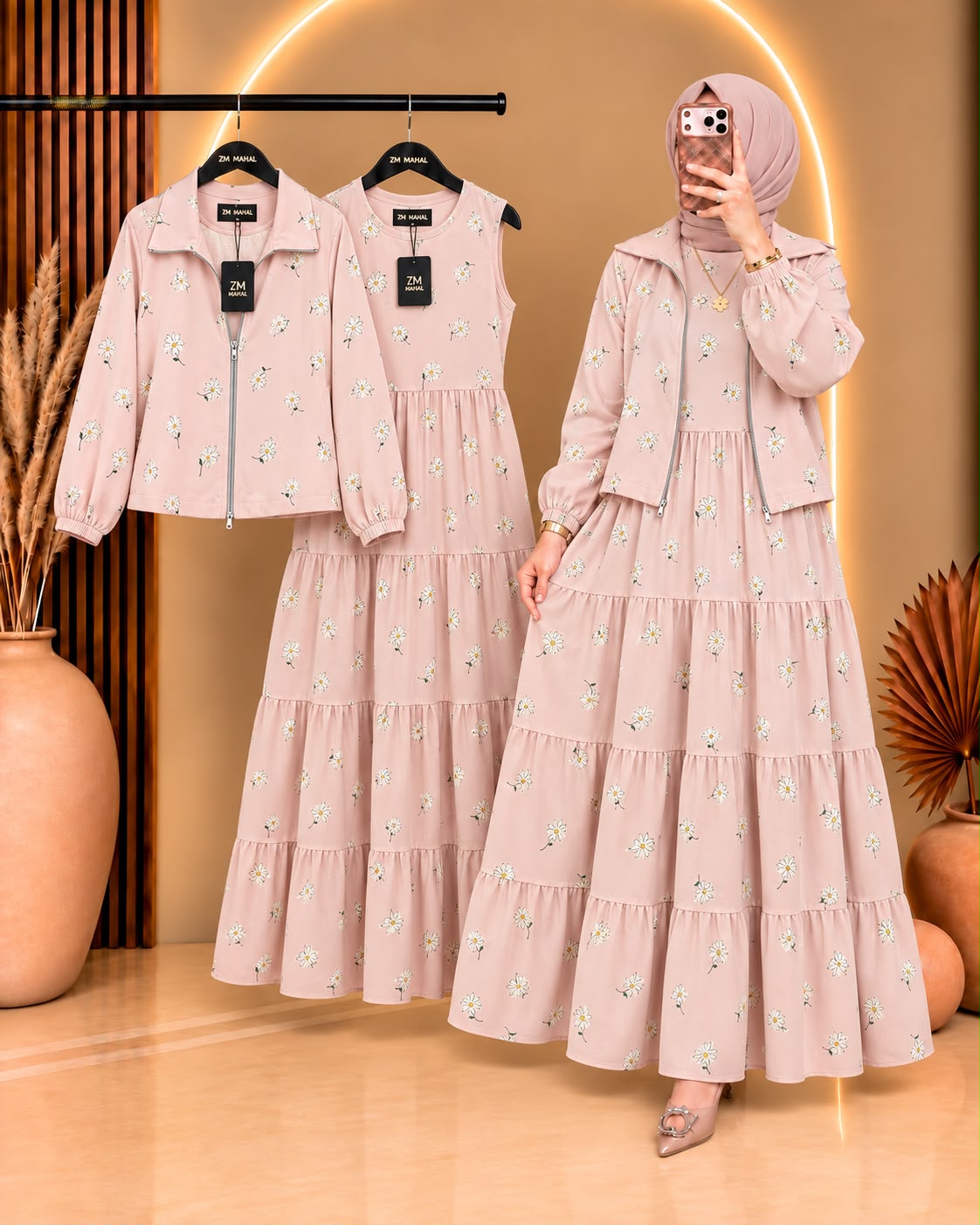 Elif ZM-036 printed tiered maxi and matching zip-up jacket - print P-1 - SphereOutfit