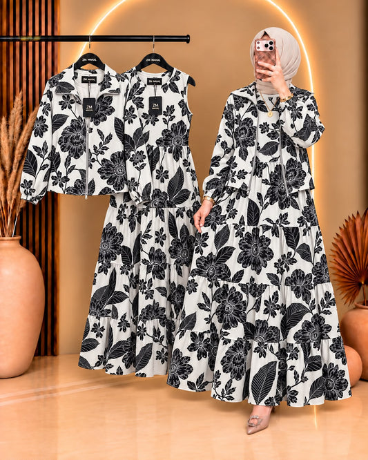 Elif ZM-036 printed tiered maxi and matching zip-up jacket - print P-1 - SphereOutfit