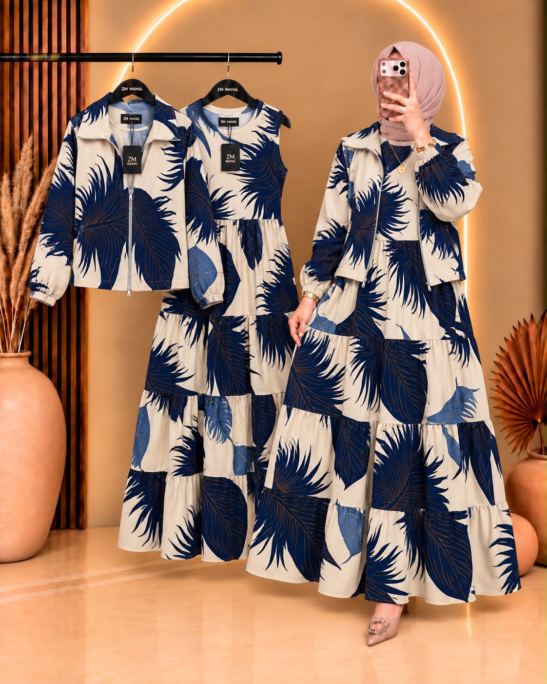 Elif ZM-036 printed tiered maxi and matching zip-up jacket - print P-1 - SphereOutfit