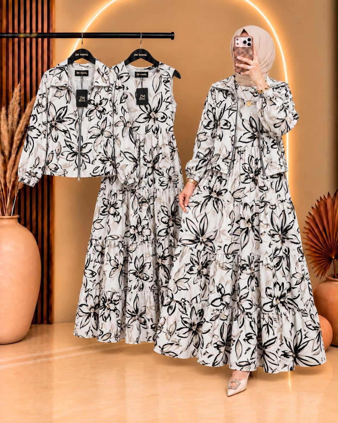 Elif ZM-036 printed tiered maxi and matching zip-up jacket - print P-1 - SphereOutfit