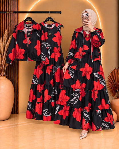 Elif ZM-036 printed tiered maxi and matching zip-up jacket - print P-2 - SphereOutfit