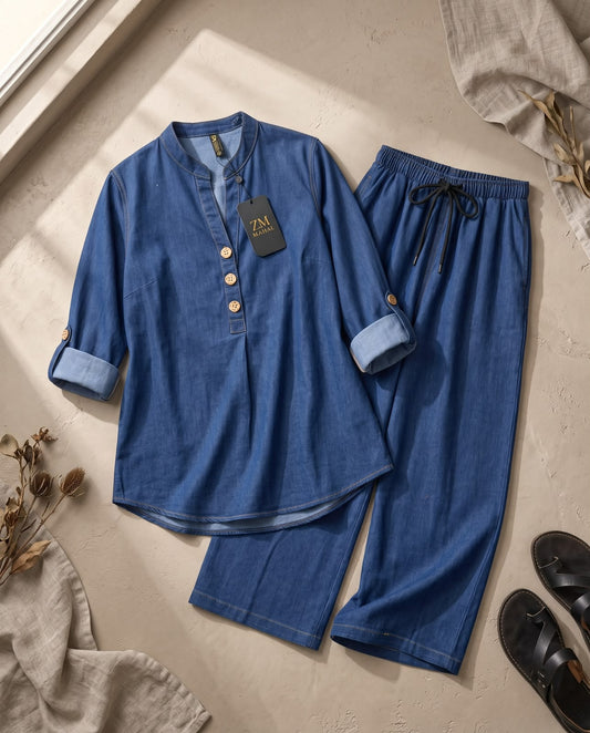 Elina Denim Blue Wide-Leg Co-Ord Set – ZM-014