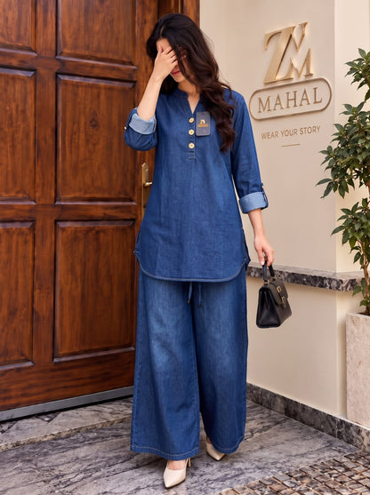 Elina Denim Blue Wide-Leg Co-Ord Set – ZM-014