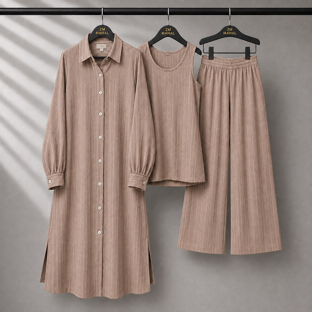 Modest Suit Long Top, Inner & Wide-Leg Pants 3-Piece | ZM-023