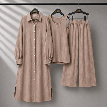 Modest Suit Long Top, Inner & Wide-Leg Pants 3-Piece | ZM-023