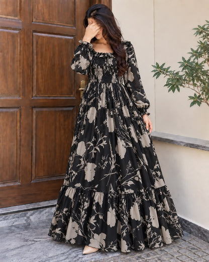 Imported Floral Chiffon Smocked Maxi Dress for Women