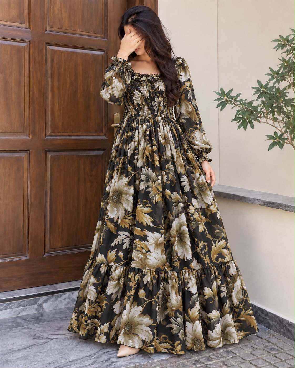Imported Floral Chiffon Smocked Maxi Dress for Women