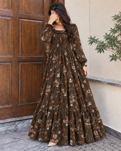 Imported Floral Chiffon Smocked Maxi Dress for Women