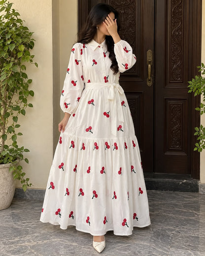 Cherry Blossom Embroidered Belted White Maxi Dress