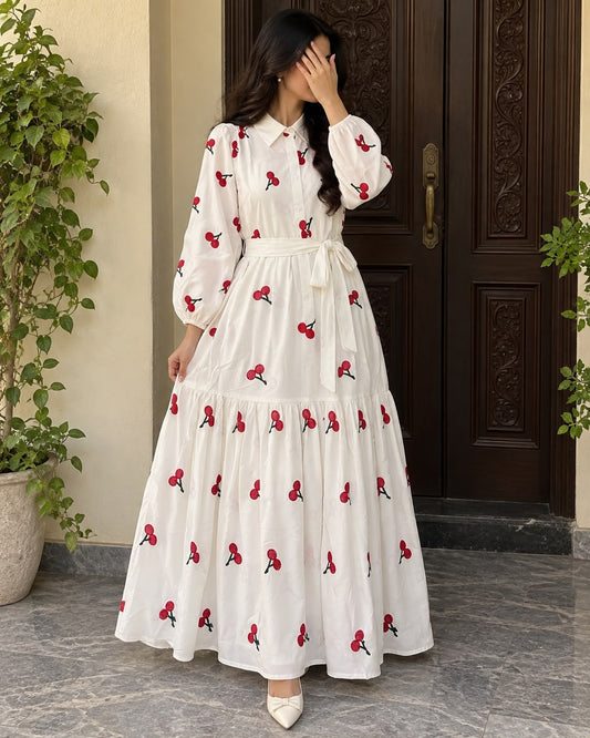 Cherry Blossom Embroidered Belted White Maxi Dress