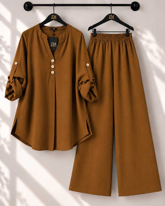Solid Elara Co-Ord Set - Camel, S | SphereOutfit