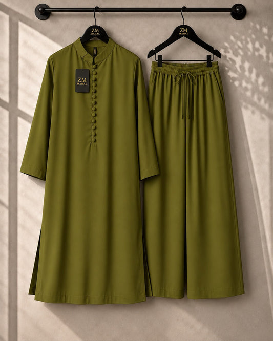 Women's modest kurta and wide-leg trouser 2-piece set ZM-021 in Olive Green | SphereOutfit