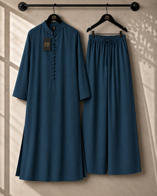 Women's modest kurta and wide-leg trouser 2-piece set ZM-021 in Navy Blue | SphereOutfit