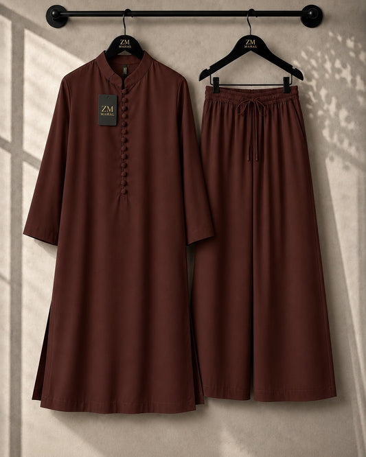 Women's modest kurta and wide-leg trouser 2-piece set ZM-021 in Chocolate Brown | SphereOutfit