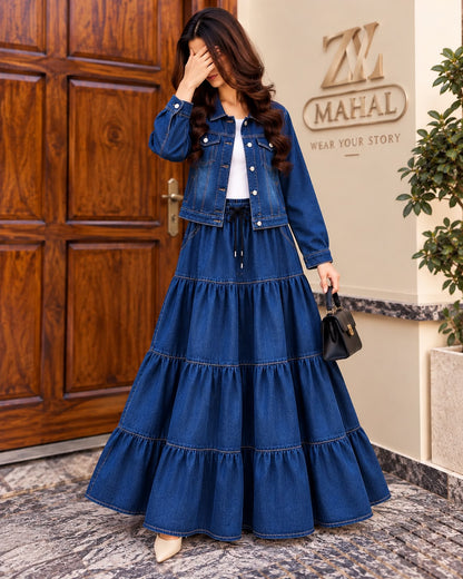 Denim Luxe Jacket & Tiered Maxi Skirt Set ZM-040
