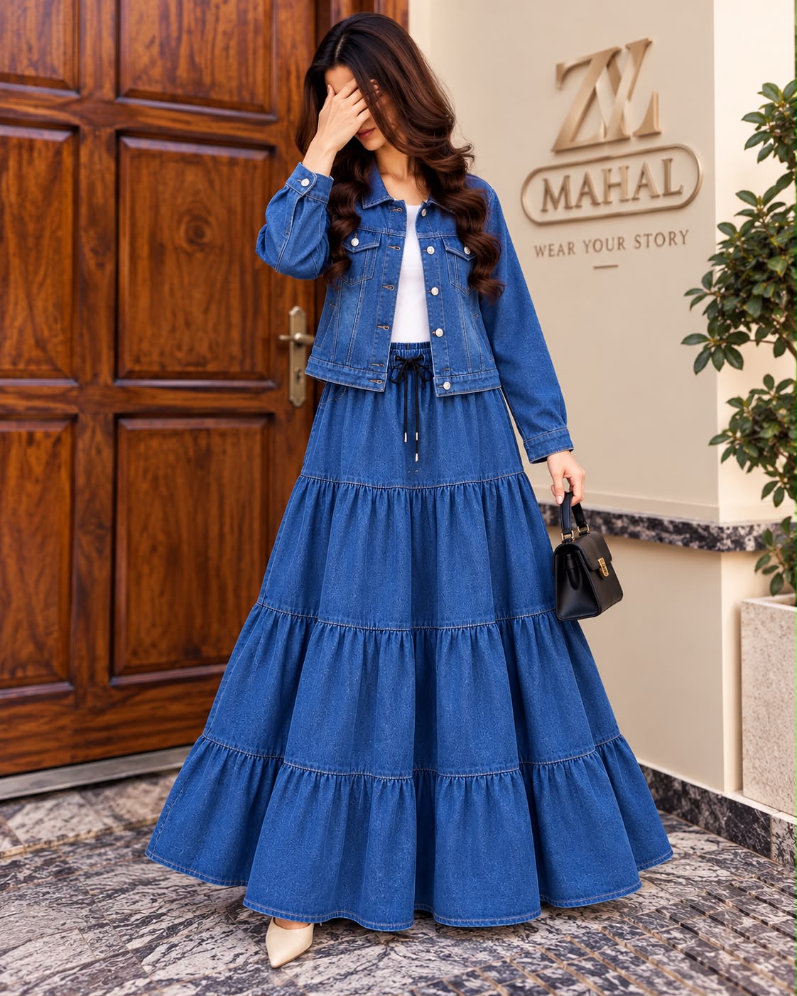 Denim Luxe Jacket & Tiered Maxi Skirt Set ZM-040