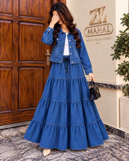 Denim Luxe Jacket & Tiered Maxi Skirt Set ZM-040