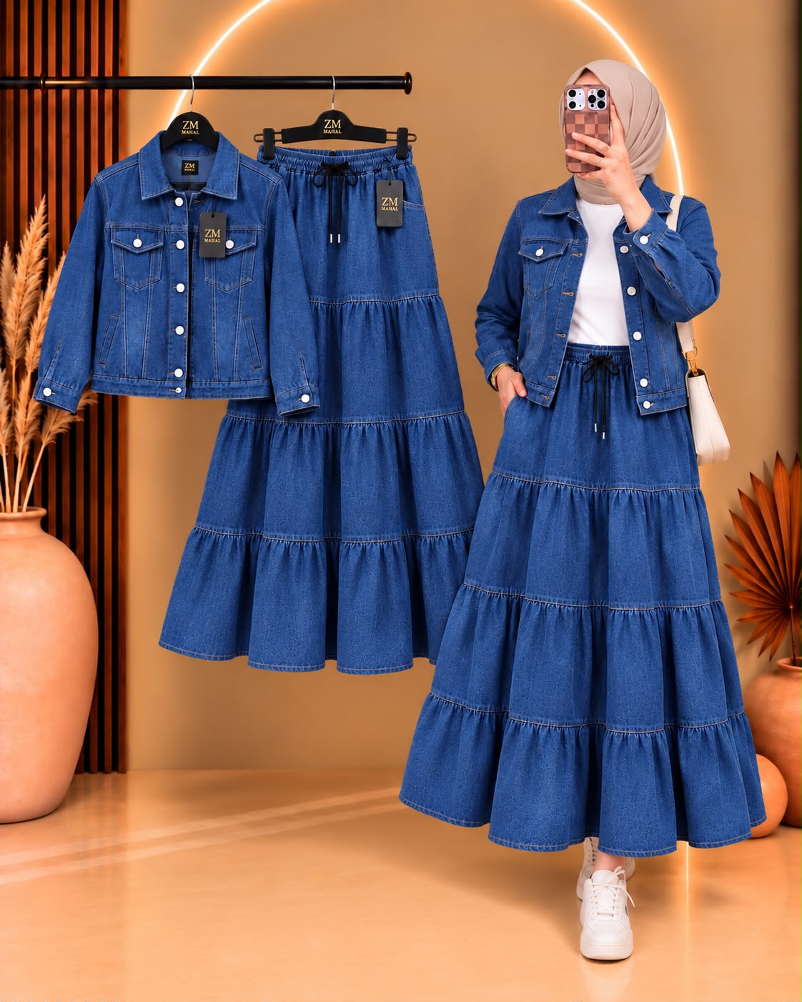 Denim Luxe Jacket & Tiered Maxi Skirt Set ZM-040