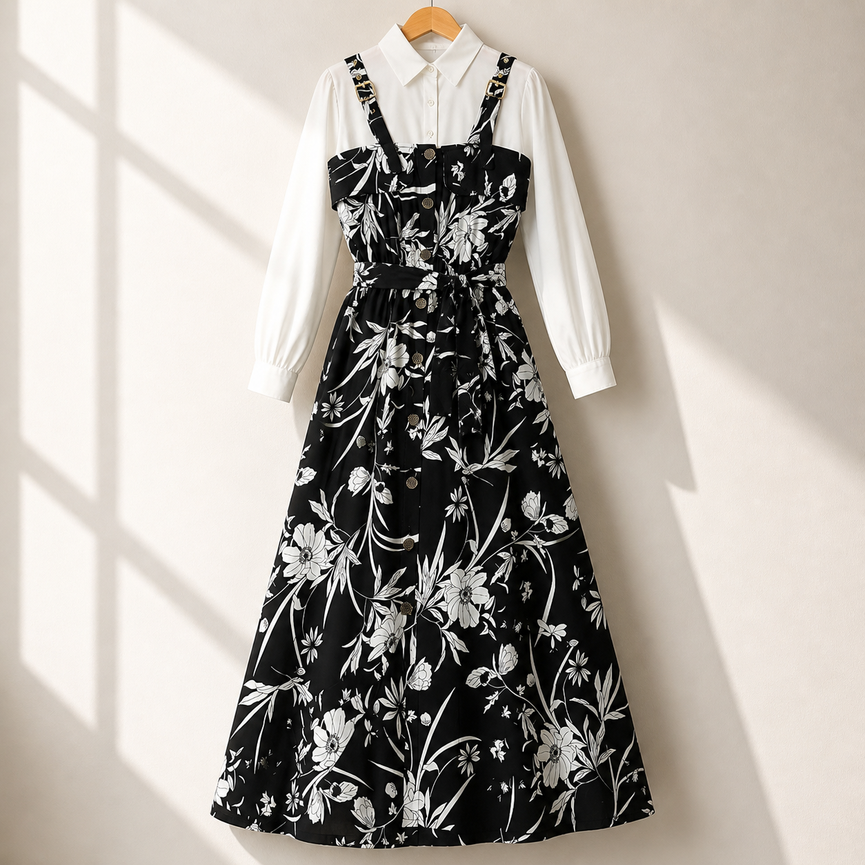 Floral Strap Maxi Dress with Shirt – Elegant Women Outfit