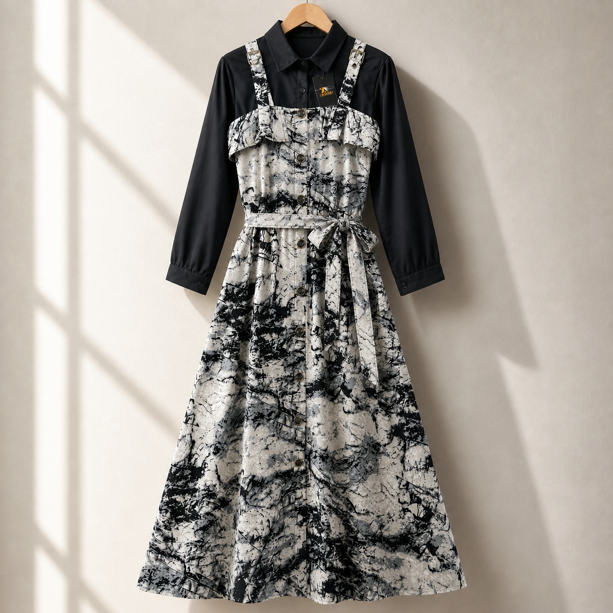 Floral Strap Maxi Dress with Shirt – Elegant Women Outfit