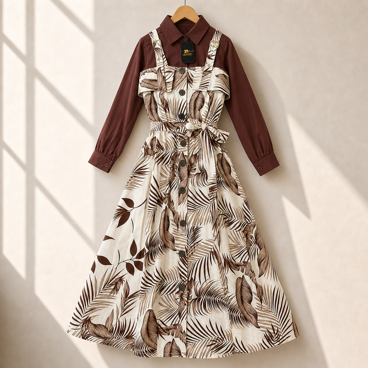 Floral Strap Maxi Dress with Shirt – Elegant Women Outfit