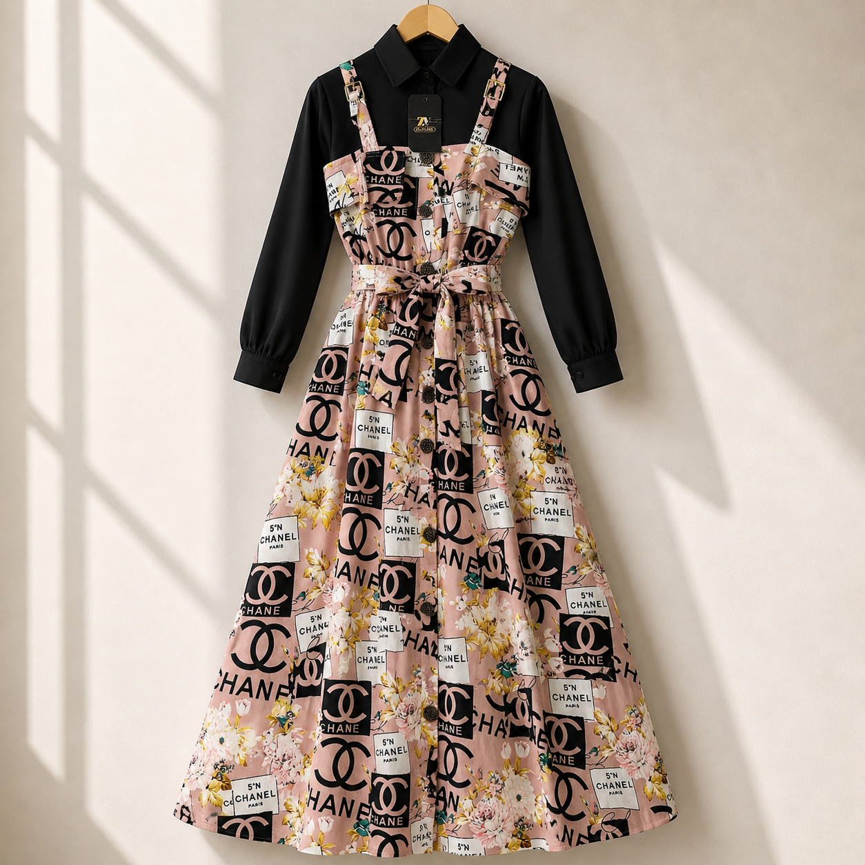 Floral Strap Maxi Dress with Shirt – Elegant Women Outfit