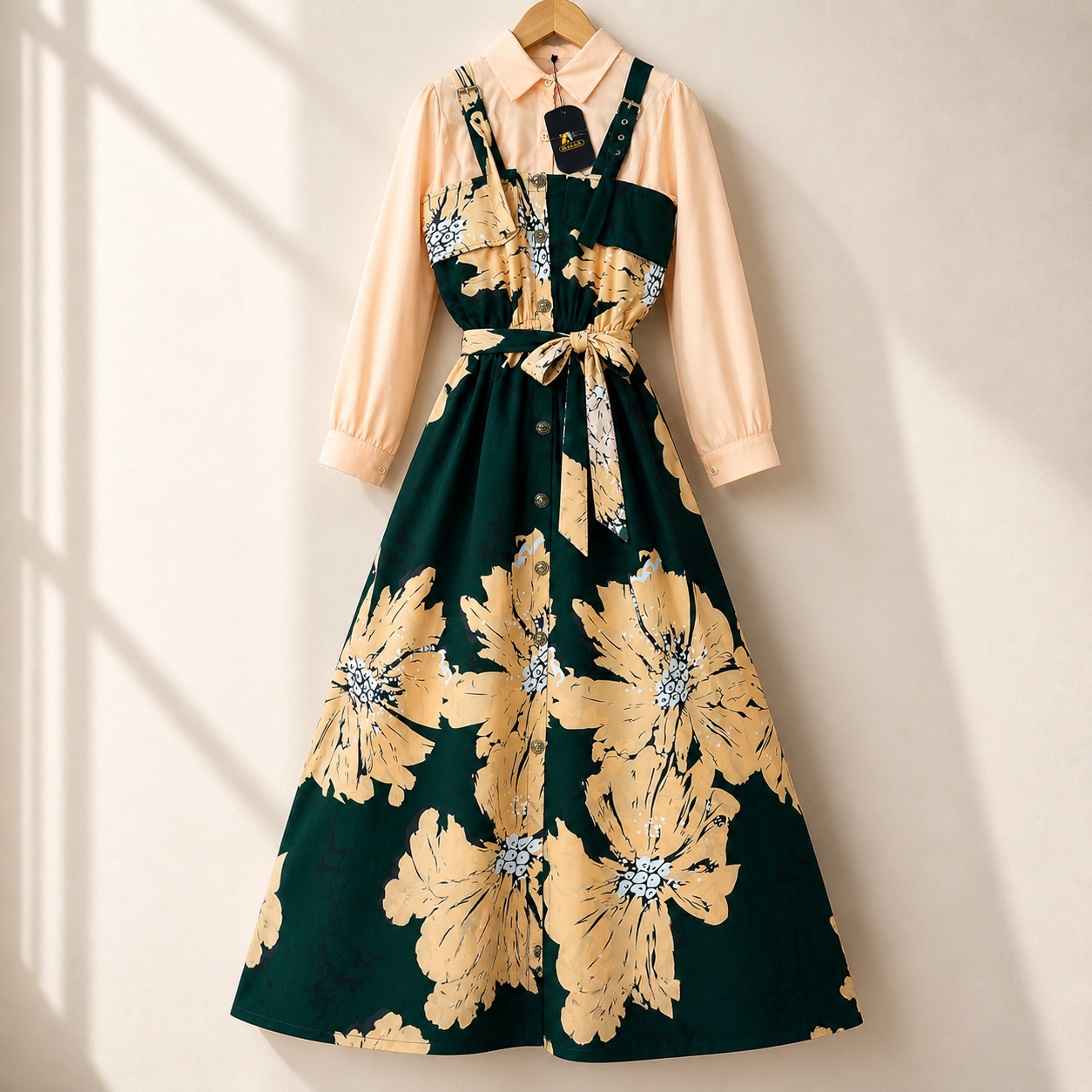 Floral Strap Maxi Dress with Shirt – Elegant Women Outfit
