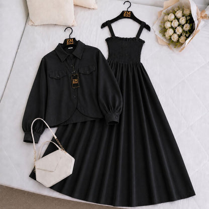 Imported Graceful Two-Piece Jacket & Smocked Maxi Set in Black for Women