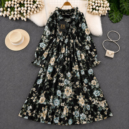 Imported Floral Chiffon Smocked Maxi Dress for Women in Black Floral Print with Stretchable Smocked Bodice and Long Balloon Sleeves