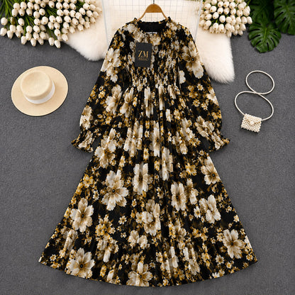 Imported Floral Chiffon Smocked Maxi Dress for Women in Light Blue Floral Print with Elegant Full Length Maxi Silhouette