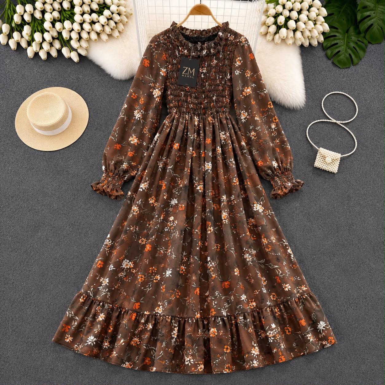 Imported Floral Chiffon Smocked Maxi Dress for Women in Chocolate Brown Floral Print with Elegant Flowy Maxi Design